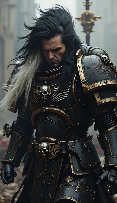 ((Hyperrealistic)) Warhammer 40k Sister of Battle Walking wounded on a battle from w40k lore in black themplar armor that been thorn apart and damaged badly. (The character has long two toned black and white hair). She has a badly brocken armor.