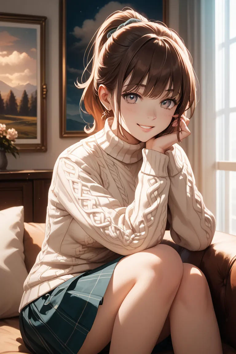 Make straight brown hair into a ponytail、A slightly mysterious older sister with 1 eye hidden by bangs、wearing a knit up to her neck、and a knee-length skirt。She has a gentle smile