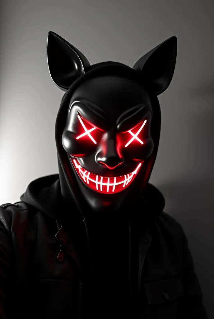 there is a man wearing a mask and a jacket taking a selfie, a black and white photo inspired by Alexis Grimou, tumblr, fine art, evil smile and glowing eyes, with glowing eyes, with red glowing eyes, spooky filter, wearing all black mempo mask, glowing-eye...