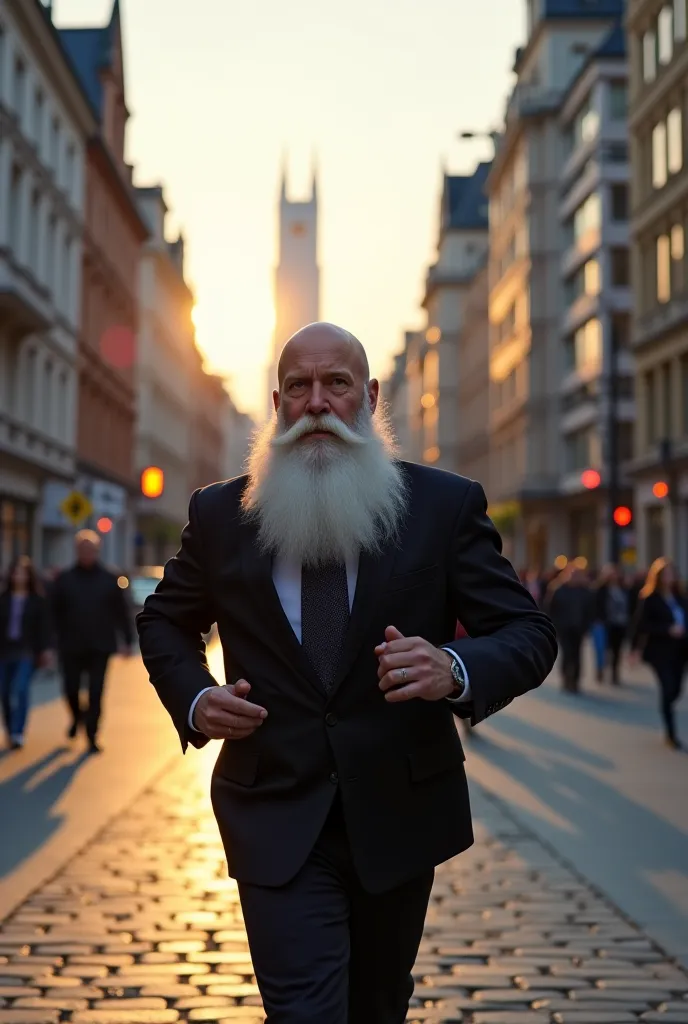 45 year old bald man, long white well-groomed beard , runs through Frankfurt am Main at dusk.