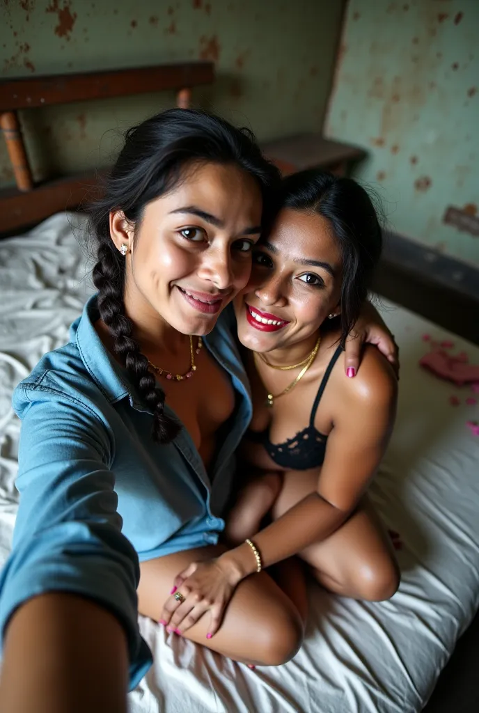 A sensual, romantic and erotic photo of a young woman and a grandpa in a dirty hotel. 

A young, slim, beautiful, curvy, big breasts, long dark braided hair, Fair Complexion, white skin, Malyali, Brahmin, South Indian Woman is sitting on a dirty bed. 

The...