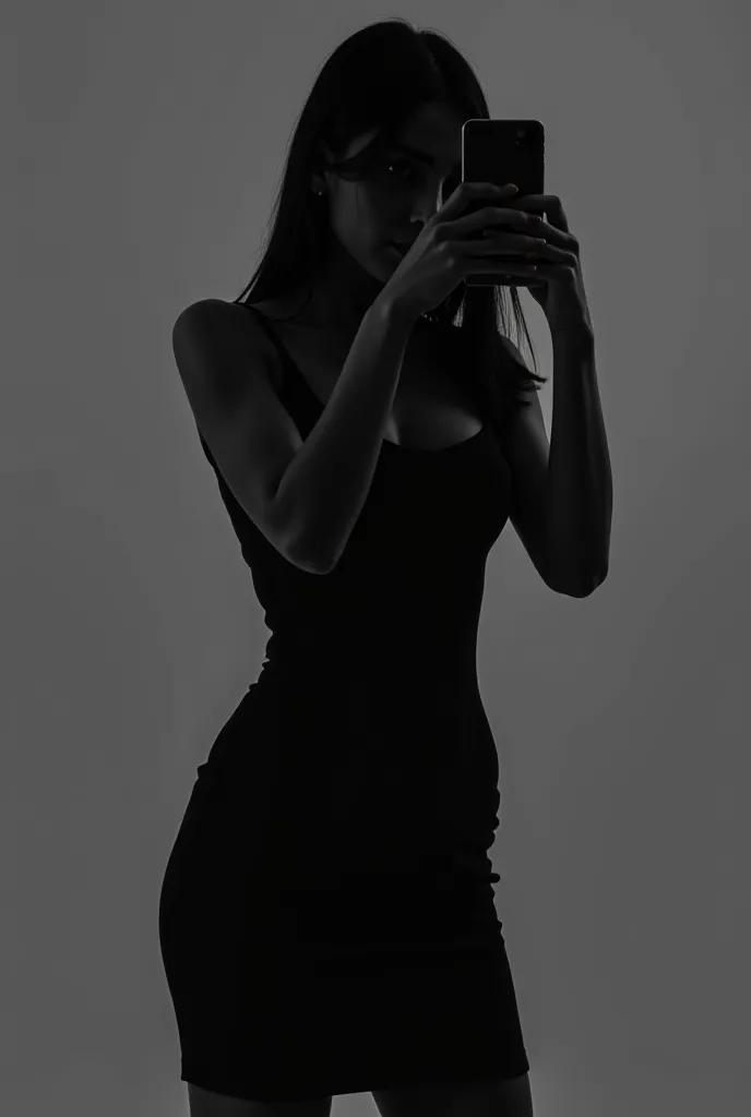 Girl taking a selfie, long straight hair, wearing a fitted dress, hourglass body, right arm holding the phone, face is partially hidden, black and white