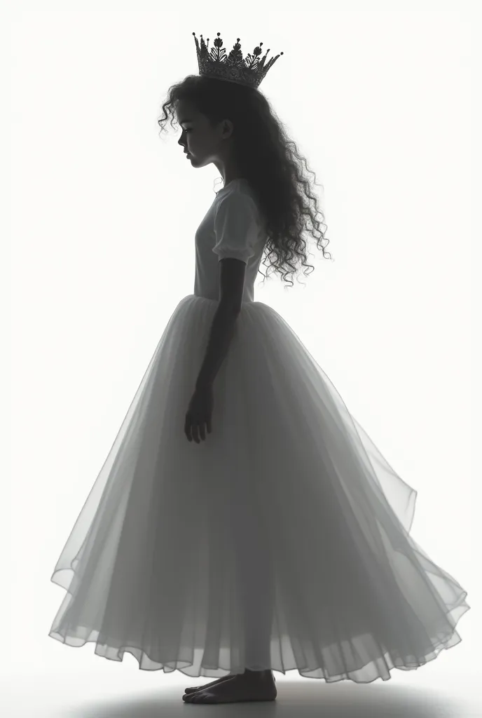 Shadow of a girl with crown and long curly hair half her body with voluminous dress ampon side profile with realistic white page background

