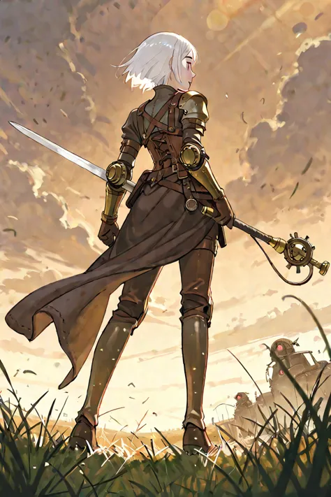 

woman, short hair, straight hair, white hair, red eyes, narrow eyes, fair skin, shiny skin, short, wiry, 40-year-old, steampunk, oblong slender face,
standing,facing away from the viewe,
grassland, swordsman, armor, 
full body shot, low angle shot, wide ...