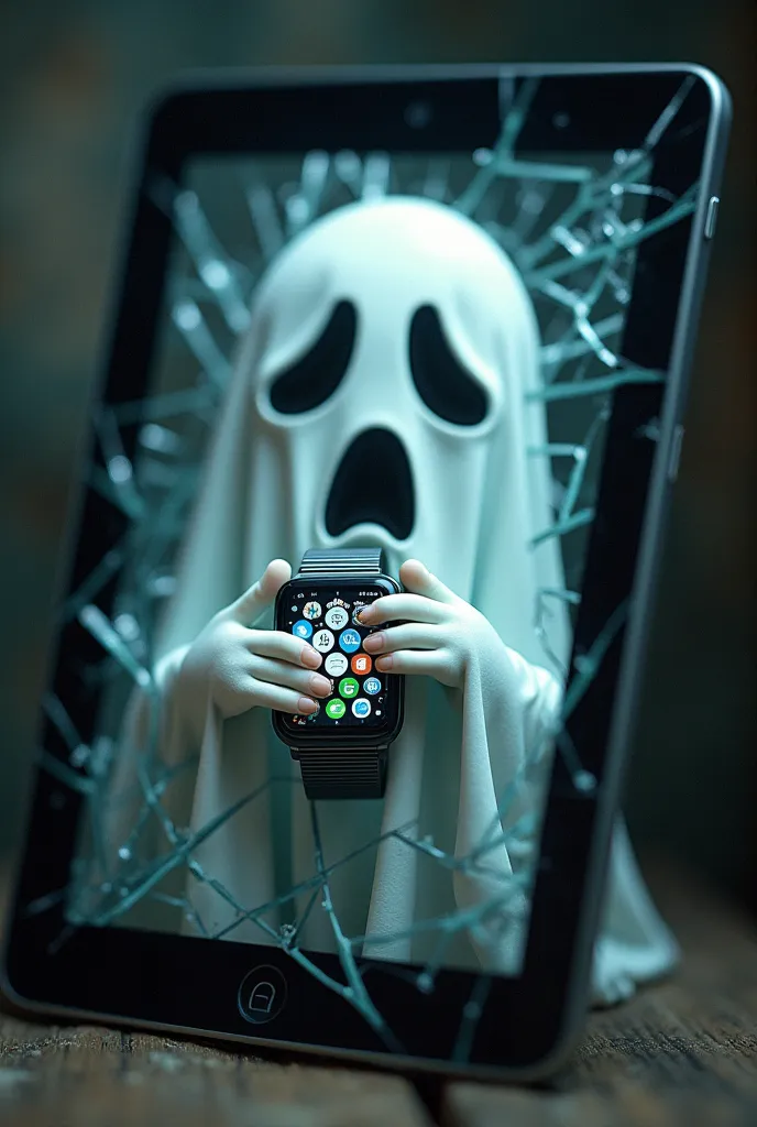 A tablet has a hand-to-foot face and the screen of this tablet has social media accounts on broken broken glass and a ghost comes out of the glass this ghost is hugging a watch with a crying hand and foot face 