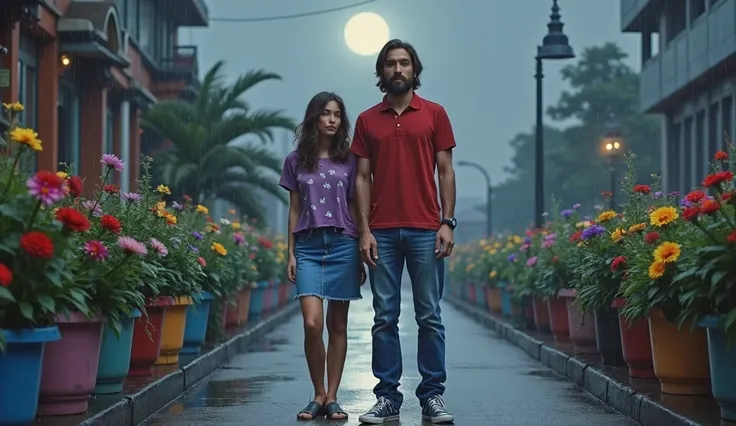 "Couple, young adults, man with beard and goatee mustache, long hair combed to one side, woman, loose, dark brown hair, lost look with tears, casual attire (he wears a red polo shirt and blue jeans, short sneakers, she wears a purple blouse with white butt...