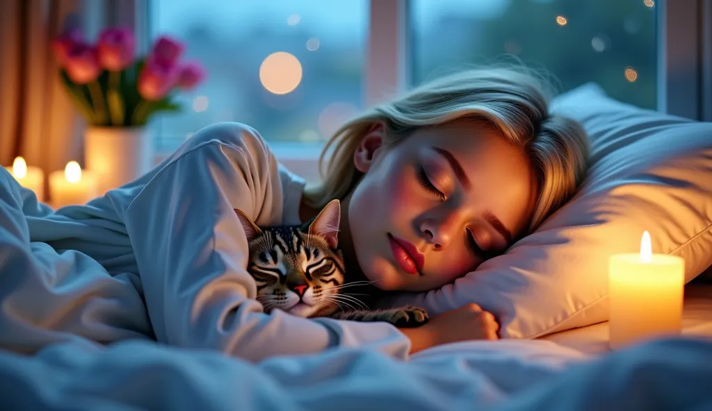 (best qualityer,high resolution:1.2),realisitic, colorful lighting,beautifully detailed eyes,long eyelashes,beautifully detailed lips,blonde hair,girl sleeping, dream-like atmosphere,soft pillows,pyjamas,peaceful expression,relaxing posture,Serene mood,sub...