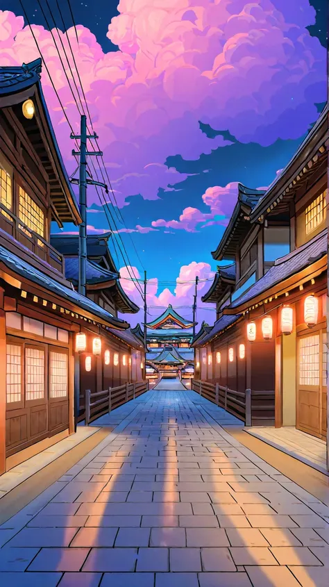 "A stunning anime-style nighttime cityscape inspired by Makoto Shinkai. The scene features a quiet urban street with a bicycle parked near a fence, warm glowing lights from windows, streetlights casting soft shadows, and intricate power lines stretching ac...