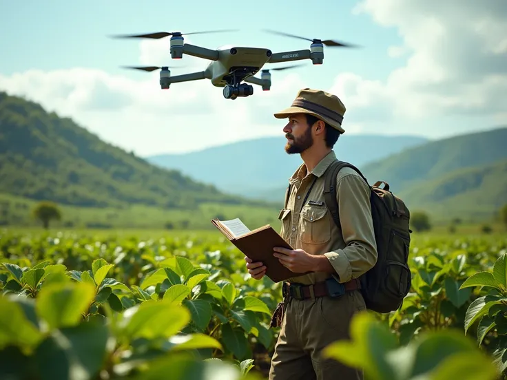 Image of a cartographer in the field flying a drone at the level of the cashew nut fields