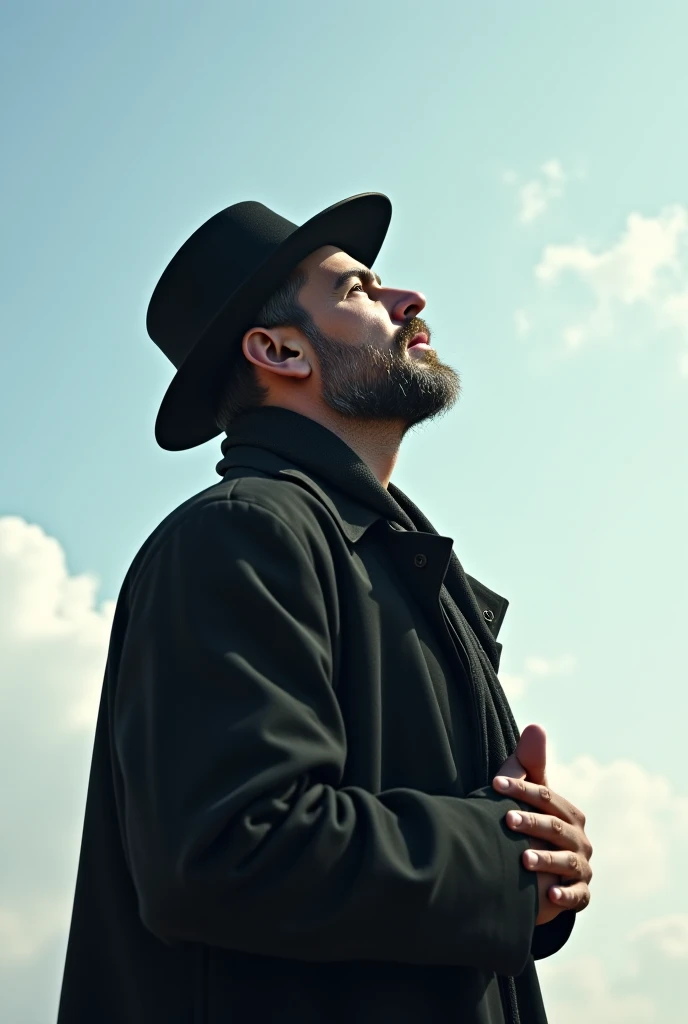 Images of a man looking up to the sky wearing Jewish garments