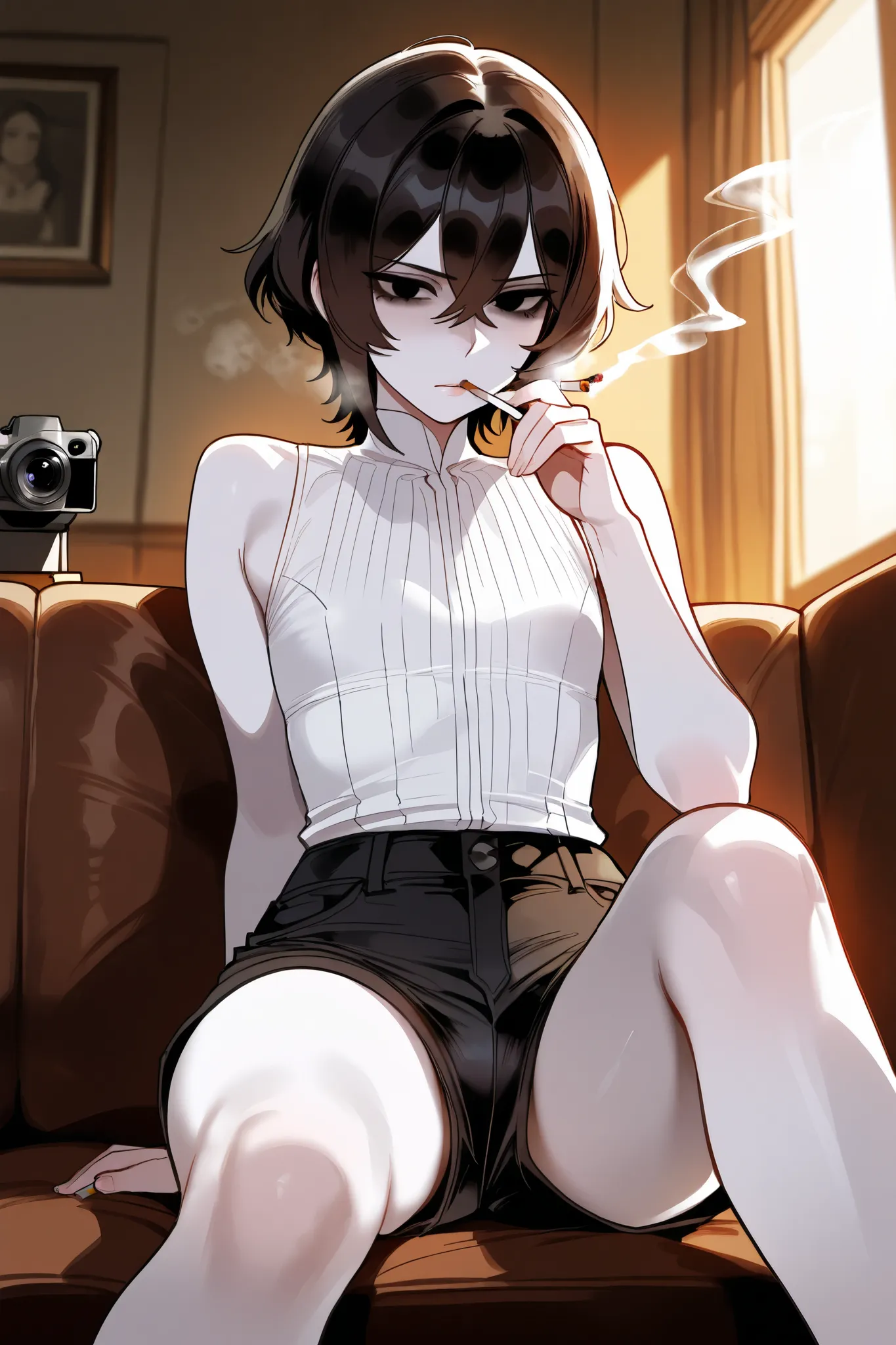 1guy, long black hair, black short shorts, white sleeveless shirt, sitting, messy background, femboy, white skin, black eyes, smoking, basement, looking at camera