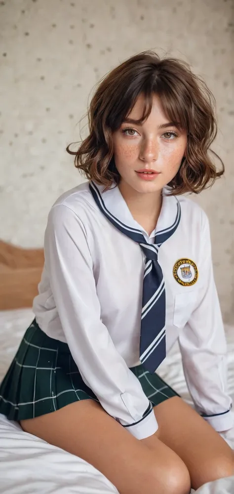  young  ager  , European ethnicity ,  Chin-length bob hairstyle  , wavy brown hair with a perfect face , with freckles, wearing a sexy tiny school uniform , G string,  full body photo  ,  showing a lot of skin  ,  lying on a bed 