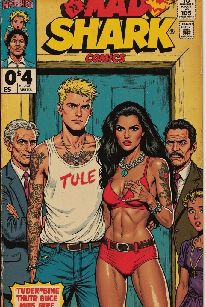 Retro comic book cover, “MUD SHARK COMICS”, a poor skinny white girl, tattoos nose rings,  with her rapper black boy friend, in front of her shocked white larents, a few s behaving poorly, classic comic book font, show price and publisher logo 