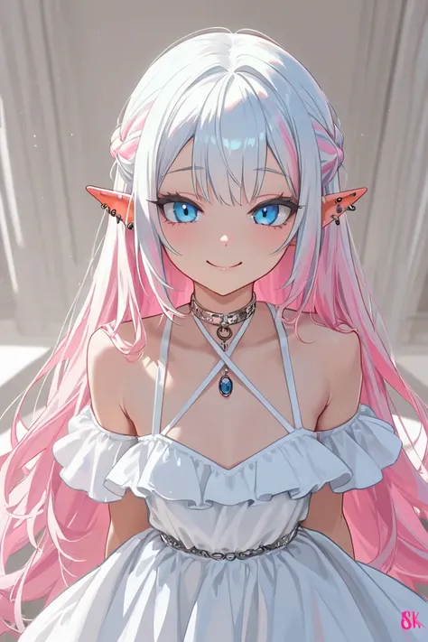 a beautiful girl with long Pastel pinkish hair, in a white dress, with piercing blue eyes, highly detailed, masterpiece, 8k, best quality, half-elf, smile