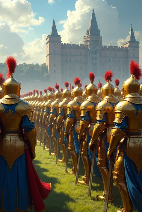 big army of knights in golden-blue armor