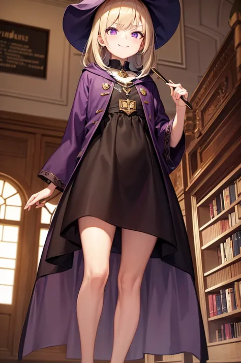 young girl, very short, hands behind back, small, midget, library, purple eyes, big witch hat, sorceress, smug, arrogant, 8K, masterpiece, absurdres, high res, ultrasharp