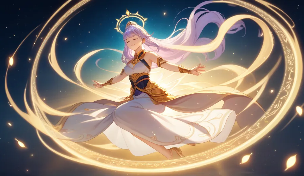 A comic-book style illustration of a serene 30-year-old woman sitting in a lotus meditation pose, wearing flowing white and gold robes, surrounded by a glowing golden aura with shimmering energy particles. Rays of warm golden light descend from above, illu...