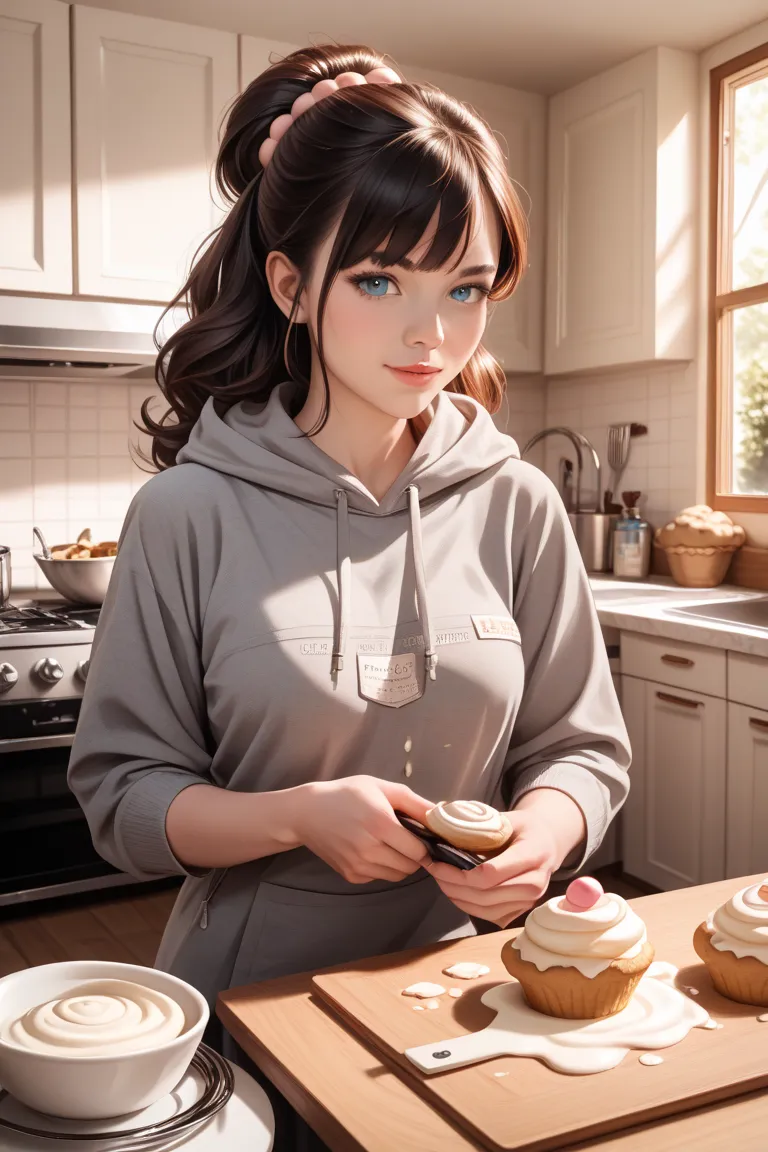 
A girl with black hair and short hair is wearing a hoodie to make cream puffs