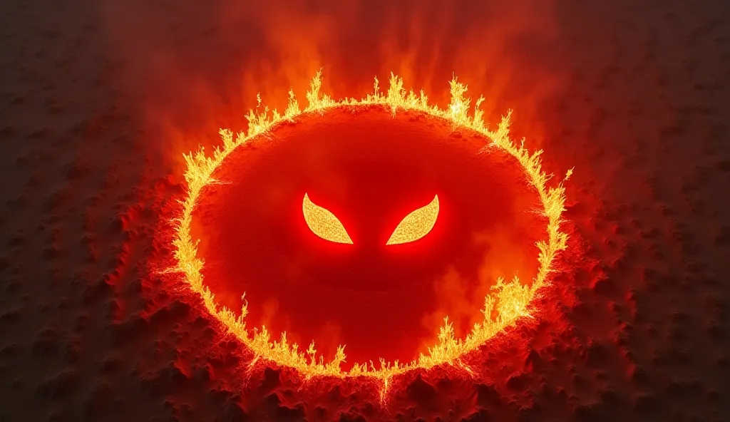 The gate to hell in a desert on Earth, a red fire pit with two terrifying red eyes in the middle and terrifying scorching fire around the pit, the scene can be seen from above, taken from a drone camera.