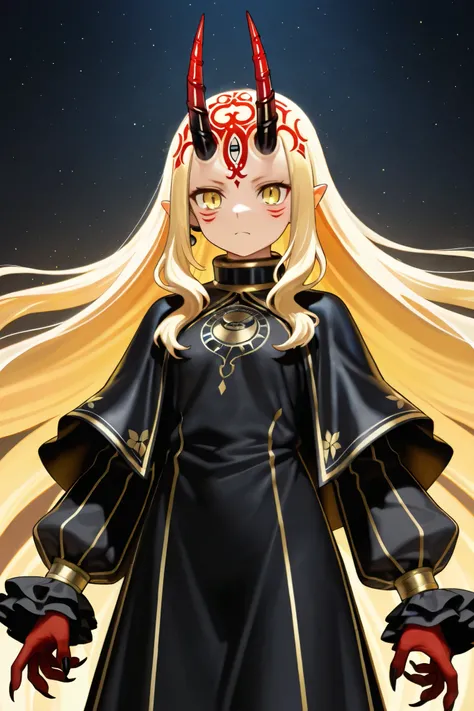 NSFW,masterpiece,Highest quality,Hi-Res,very detailed,Ibaraki Doji\(Fate/Grand Order),long hair、 Gold、side lock、yellow eyes、pointed ears、 face mark 、tattoo、 forehead mark、ghost、horn、Sharp Claws