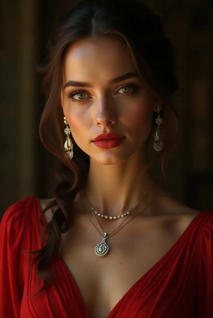 a beautiful Russian woman , detailed face, detailed eyes, detailed lips,  long lashes, beautiful skin, long hair, diamond jewelry ,  long dress , Red dress,  serene expression, dramatic lighting, film composition, photorealistic, dancing, green eyes, golde...