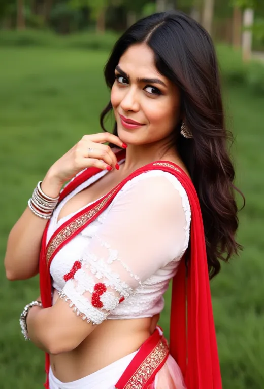 Sexy indian bhabhi in white and red transparent robe topless , 36DD size big breast, tits visible , full face , massive cleavage boobs, open cup breasts , she is giving sexy down blouse pose, low waist navel visible,  princess , teasing, low waist belly  n...