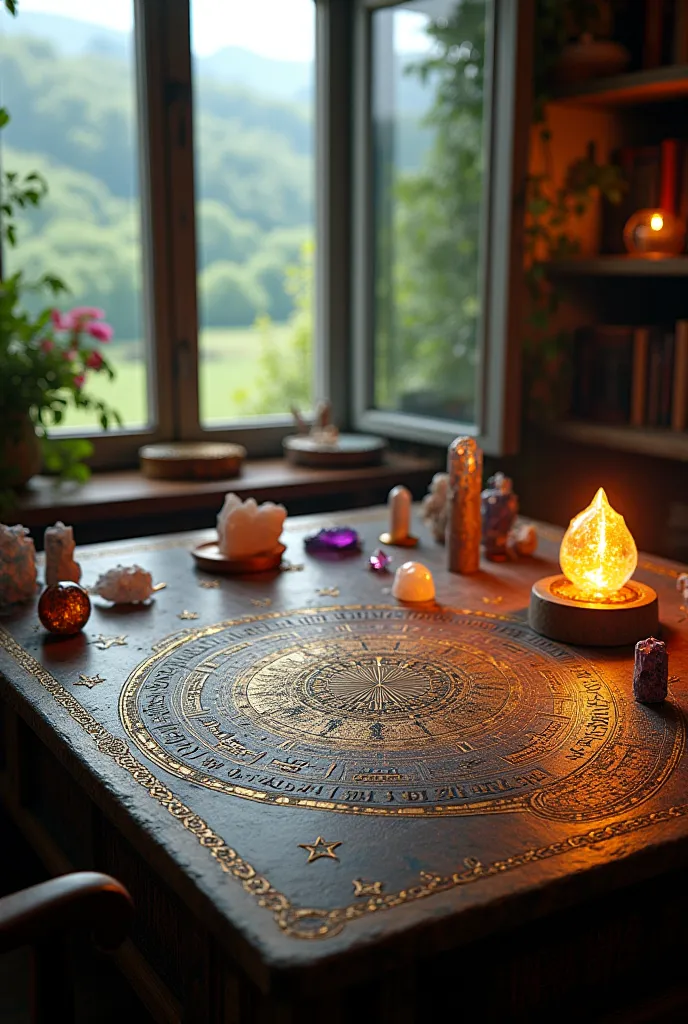 Create realistic image of a study table with mystical and esoteric elements of crystals, runes, decks, open windows with a view of the countryside