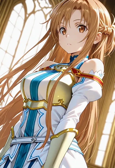 aaasuna, long hair, brown hair, braid, brown eyes, in a castle, solo, RPG style, white and blue dress, gold shoulder armor, white and blue outfit with gold trim, confident, elegant, dutch angle, cowboy shot, perfect eyes, perfect body