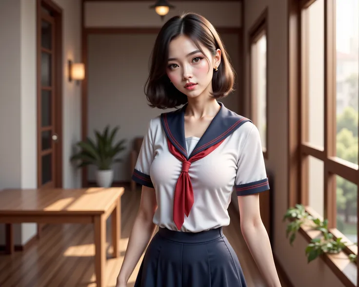 a young woman with delicate features, wearing a classic japanese sailor-style school uniform with a navy blue skirt, white blouse, and red ribbon, 8k, ultra-detailed, photorealistic, studio lighting, HDR, cinematic, portrait, beautiful girl, kawaii aesthet...