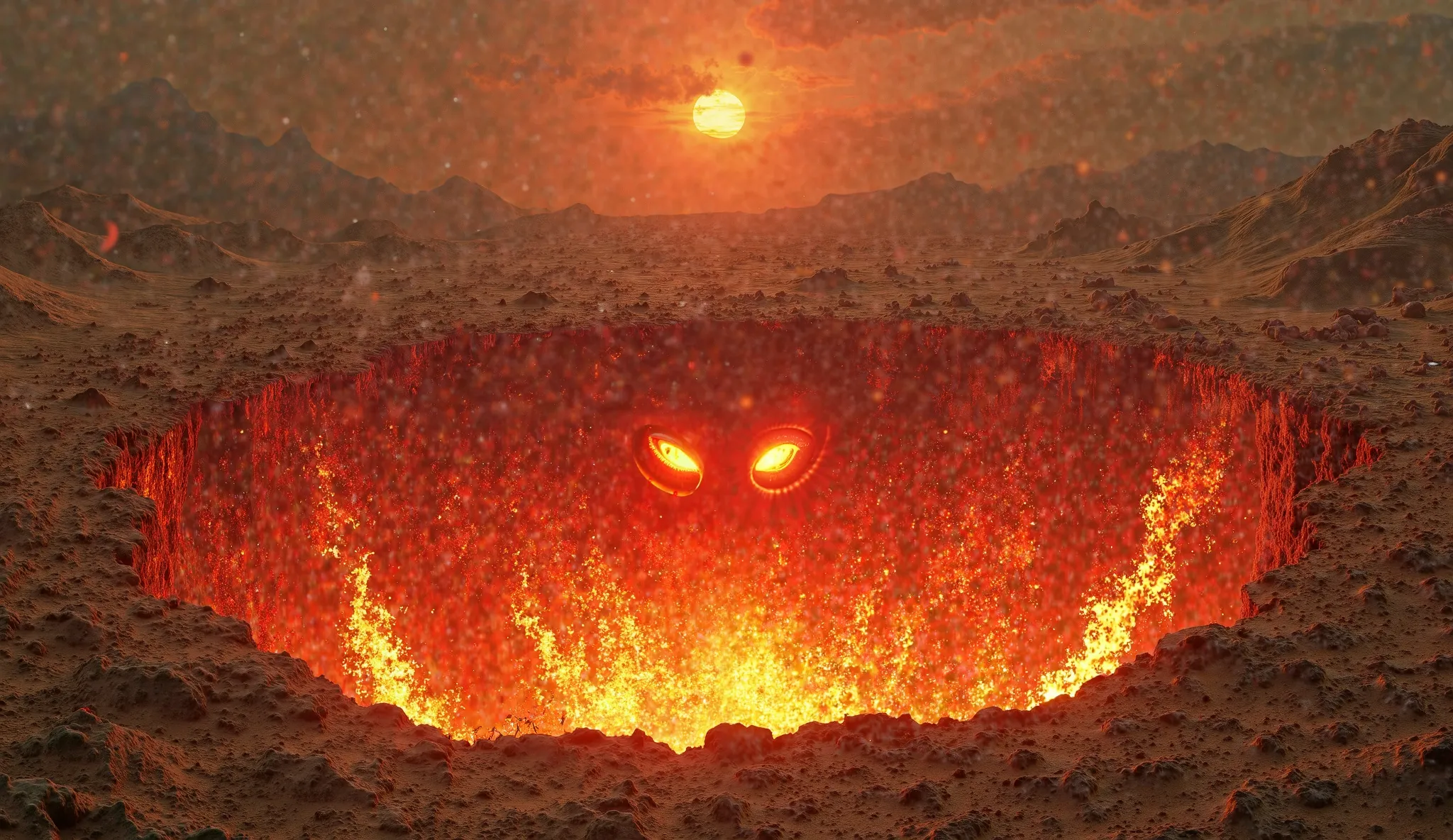 The gate to hell in a desert on Earth, a pit of red fire with two terrifying red eyes in the middle and fierce fire surrounding the pit.