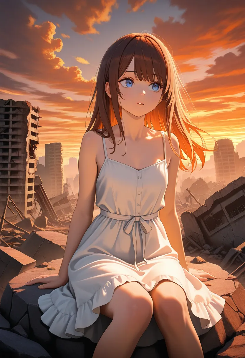 girl is waiting for someone until at the end of world, detailed portrait of a young woman, melancholic expression, looking into the distance, long brown hair, blue eyes, wearing a white dress, sitting on a rock, desolate landscape, cloudy sky, orange sunse...