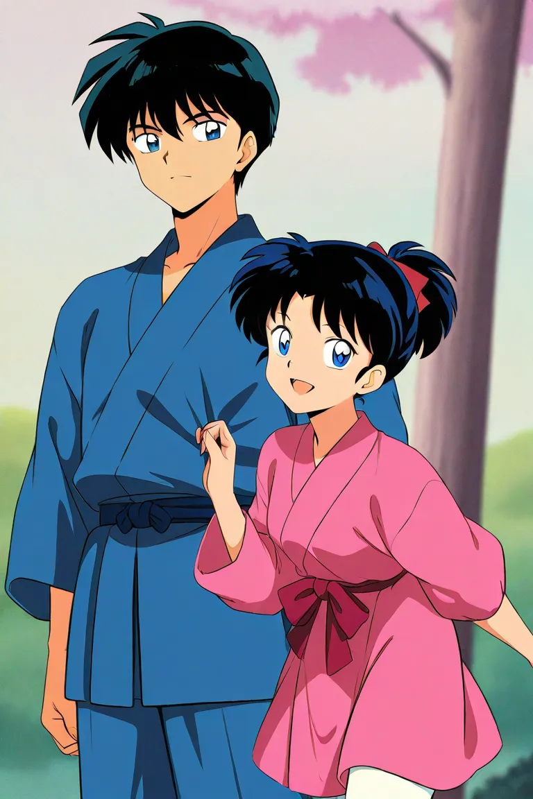 A boy and a girl. The boy little 14 that is a student. He has short black hair and blue eyes wearing a blue uniform. He has a beautiful gaze. Kind. Gentleman. A minor. Inuyasha anime character art style. High quality. 