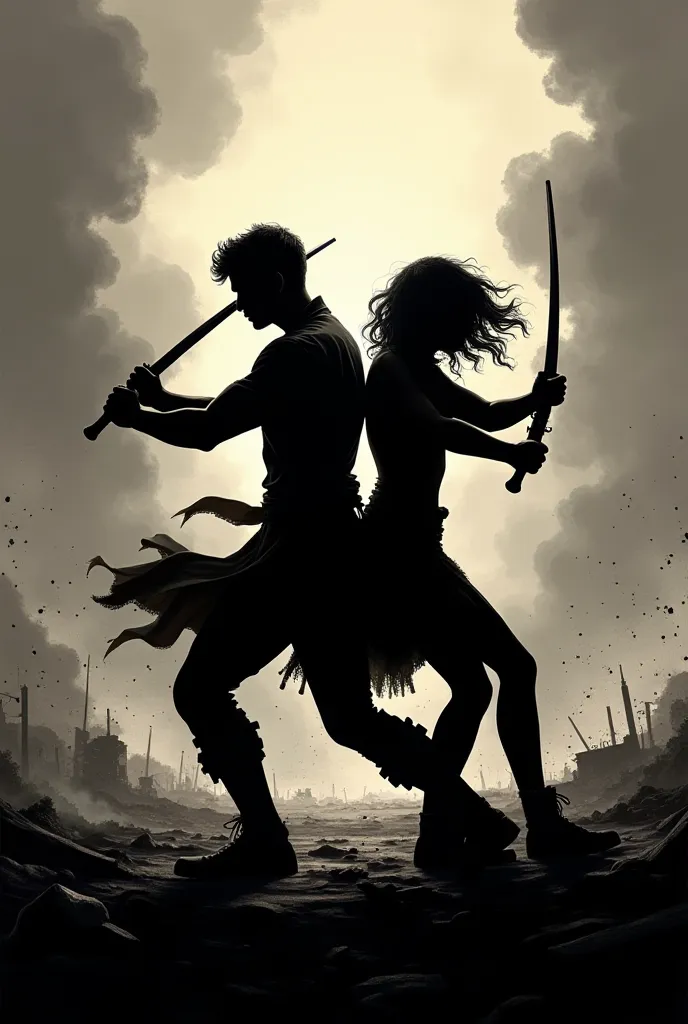 Create a silhouette image of a woman and a man in the middle of a war fighting together with their backs to each other