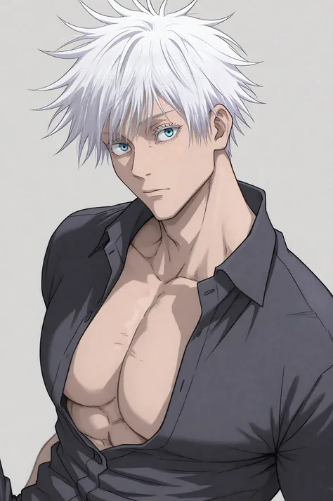 masterpiece, best quality, amazing quality, absurdres, 1boy, gojou satoru, jujutsu kaisen, white hair, short hair, white eyelashes, blue eyes, closed mouth, muscular, sexy man, handsome, black collared shirt, pants, portrait, grey background, simple backgr...