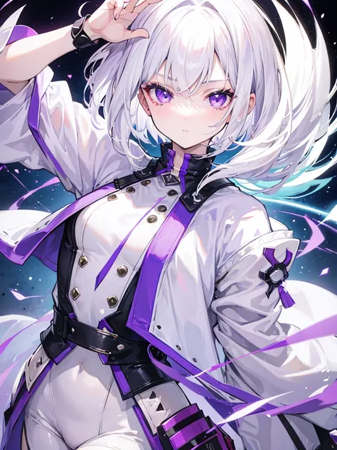  white hair、short hair、 purple eyes、Lively、stylish、is cool、cool