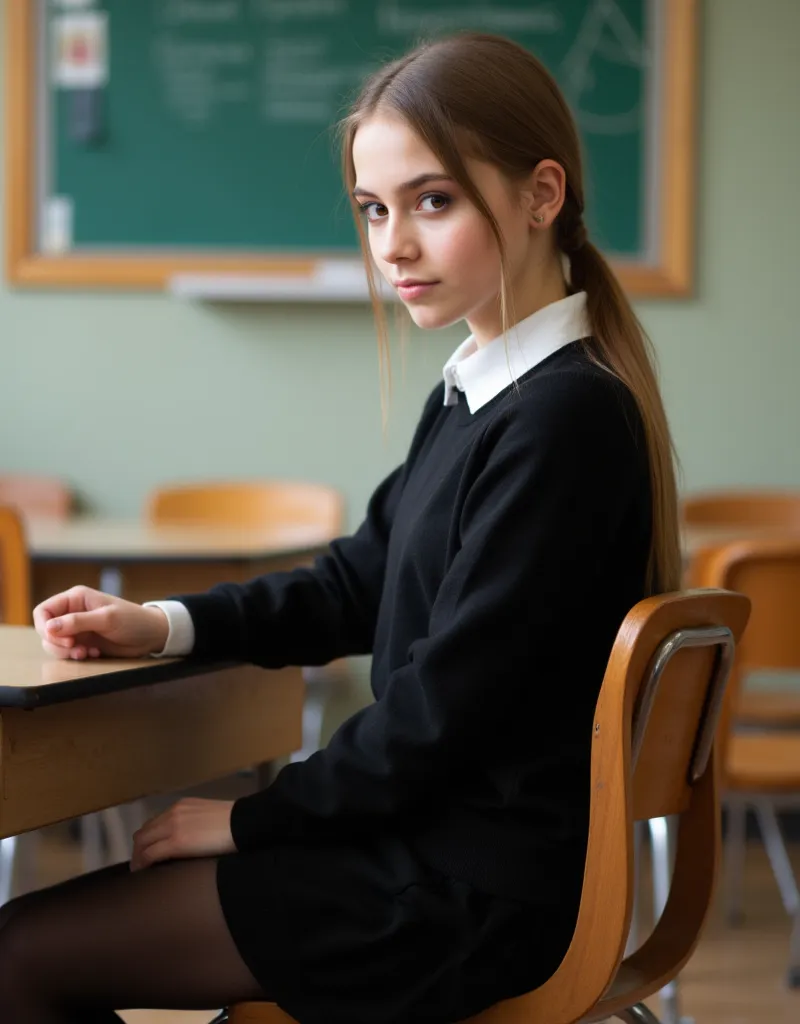    Very Young Girl  , posing ,  Lean physics   ,  Slavic appearance,   small honest   ,   small butt  , ,  long blonde hair , Braided in a ponytail ,  high school  ,    in a short black school sweater with a white collar ,  in miniskirt ,   sweet face    ,...