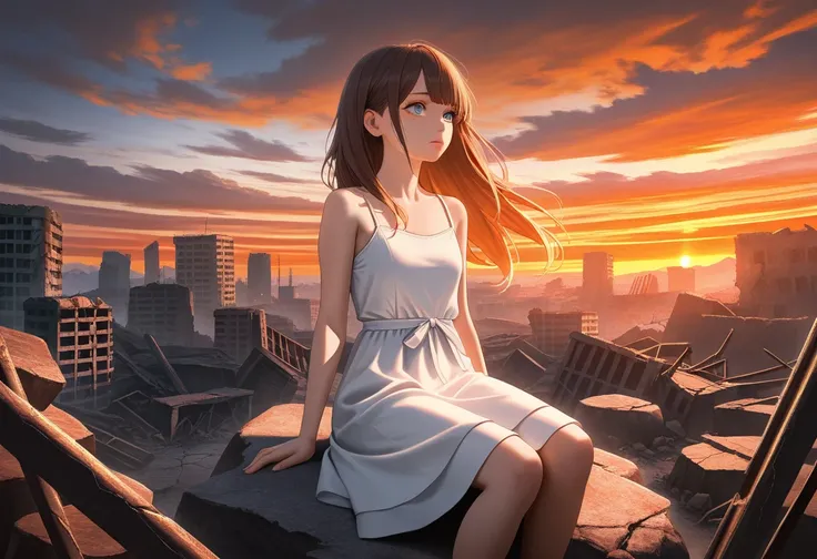 girl is waiting for someone until at the end of world, detailed portrait of a young woman, melancholic expression, looking into the distance, long brown hair, blue eyes, wearing a white dress, sitting on a rock, desolate landscape, cloudy sky, orange sunse...