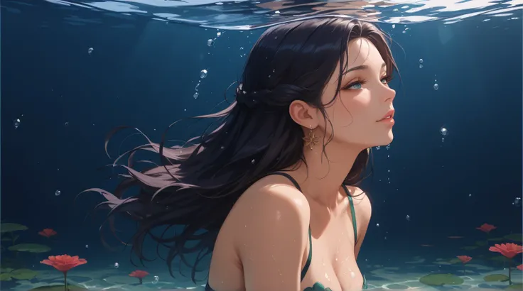 solo focus,  1girl , (masterpiece, high quality:1), beautiful mermaid girl under water, depicting a woman with long dark hair, that flutter , as if she is under water or in a stream of water. mysterious and peaceful atmosphere. The image of a woman is eleg...