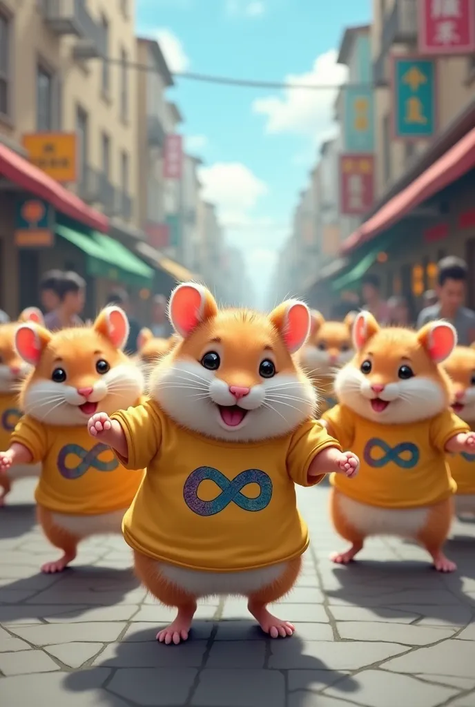 7 street dancers but they are fat litle cute girl hamsters with an infinite on their t short  