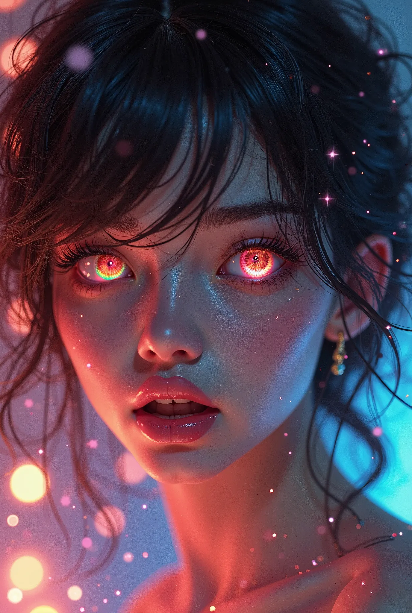 Close-up of an improved masterpiece:1.5)0.9], (Dancing in a disco:1.2) (messy black hair:1.1) (heterochromia: xanthochromia and dark green eyes:1.2) (colored stars in the eyes:1.0) (A radiant glow:1.1) (thick lips:0.9) (masculine )
