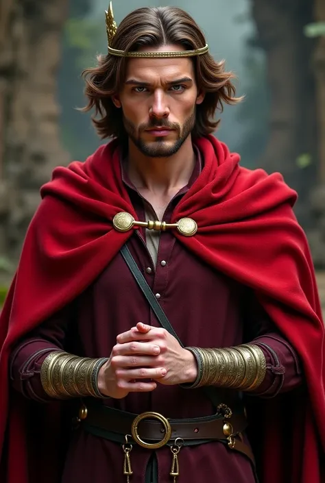 Brown-haired man wearing burgundy tunic with a red cape held by a leather belt around his waist and a thin gold crown on his head and gold rings on his hands and iron bracelets on his wrists