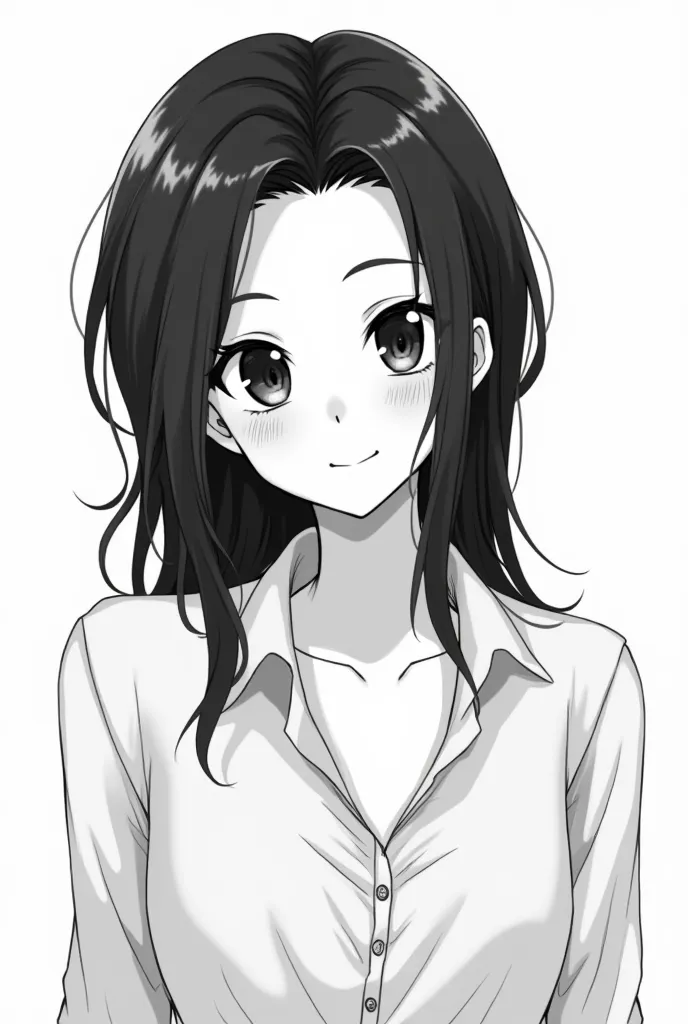 Manga characters Realistic lines, young, handsome, white, teepee, slender eyes, dark eyebrows, long hair, black hair, black eyes, pale white skin, charming smile, wearing a shirt, not buttoned on white