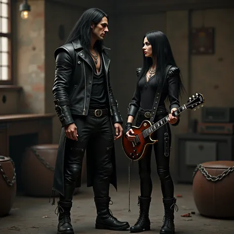  Create an image (3D Realism - Rocker Style/gothic fantasy) 🔹  medium muscular body : man with long hair Black leather jacket, tight dark shirt and heavy boots. It may have rings, leather bracelets and a chain to reinforce the look of a modern warrior rock...