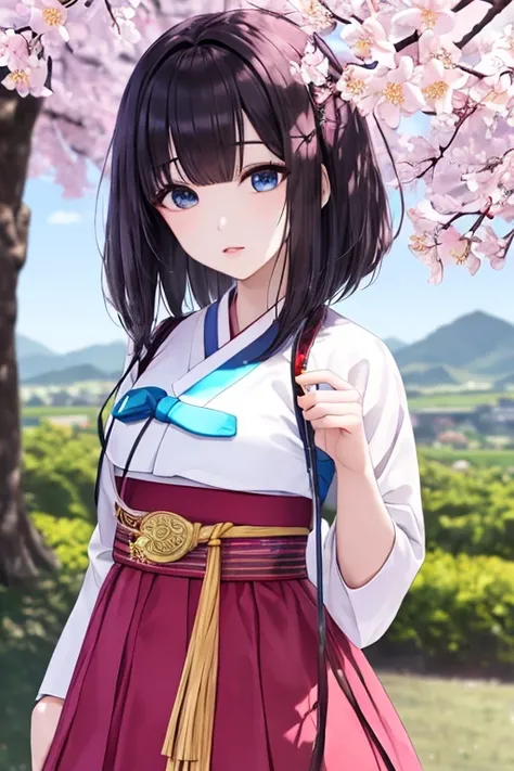 (((gfyuju ))), ((((black hair)))), blue eyes, (((Hanbok1.5))), hanbok, ((dangui)), Outstanding, Best Aesthetic, Best Quality, Masterpiece, Very Detailed, Masterpiece,  1girl , Alone, Blue Sky, Daytime, Flower, Cherry Blossom, Plum Blossom, Lilies, Beautifu...