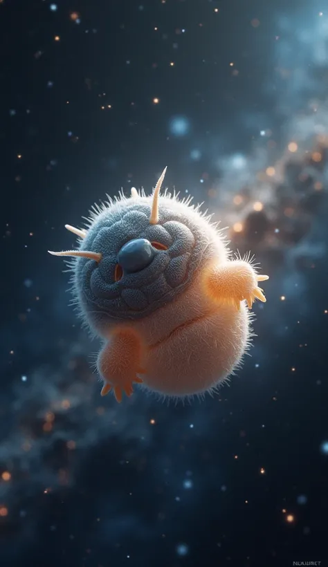 "A microscopic Tardigrade floating in space, surrounded by glowing cosmic dust. A split effect showing it surviving in boiling water, extreme cold, and radiation."