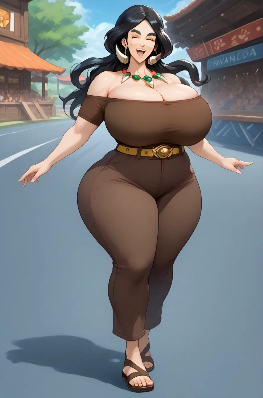 high quality,score_9, score_8_ up, score_7_ up,score_anime,Drasna,eyes closed,(forbidden pants),Cleavage,brown tube top,black hair, tight hip,mature woman,necklace,Yellow Belt,thick eyebrows,One girl,alone,smile,(huge juicy Breasts),big ass,whole body,Open...