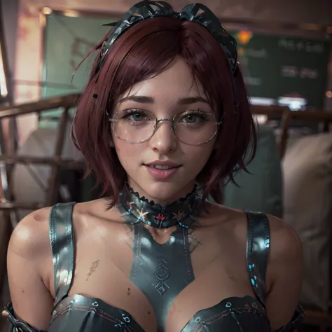 (close-up, face:1.2). Short, (red hair, green eyes:1.2), (diopter glasses with metal frames:1.2), (maid costume:1.6), ( smile:1.3) girl . ( Masterpiece , top quality shirt, Best quality, official art,  beautiful and aesthetic:1.2),  extremely detailed ,(fr...