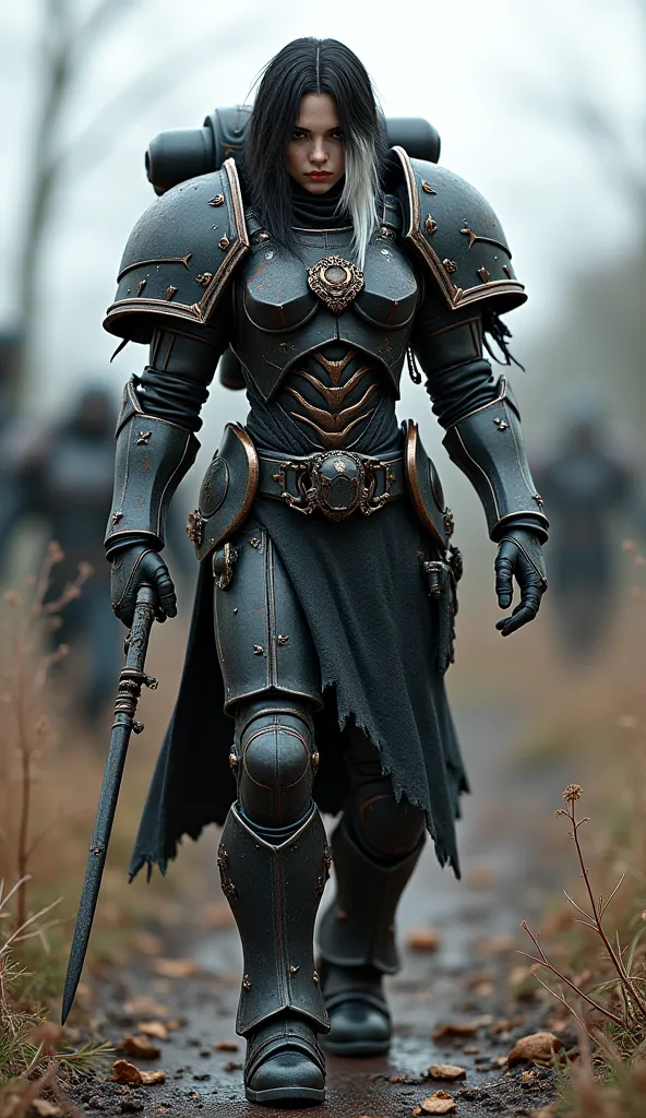 ((Hyperrealistic)) Warhammer 40k Sister of Battle Walking solo and wounded on a battle from w40k lore in black themplar armor that been thorn apart and damaged badly. (The character has long two toned black and white hair). (((The character has a badly bro...