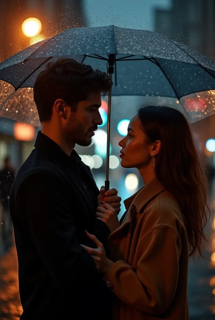 Portrait-type photo of a handsome man and woman looking at each other intently as if they will talk, handsome man and beautiful woman both in their 20s in the rain, while holding an umbrella under the light of a city lamp 