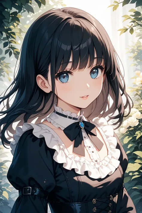 Black and white Lolita clothes, cute , uniform, blouse clothes, black frilly, slightly longer skirt, shirt in big chest, black hair, blue mesh hair, bob hair, bangs, full chest, moving